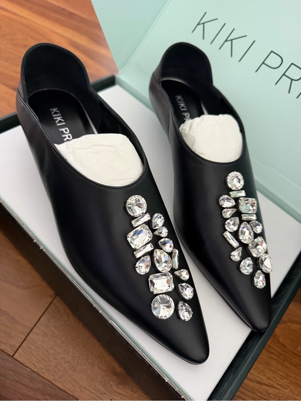 Kiki Price Black Leather Gemstone Pointed Toe Heels - Size 40 (US 9-9.5) New